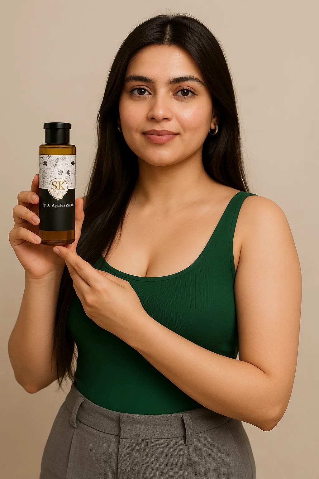 Sk SK Oil by Dr. Ayesha Zahra, a glass bottle containing nourishing oil with a label featuring product branding and details.