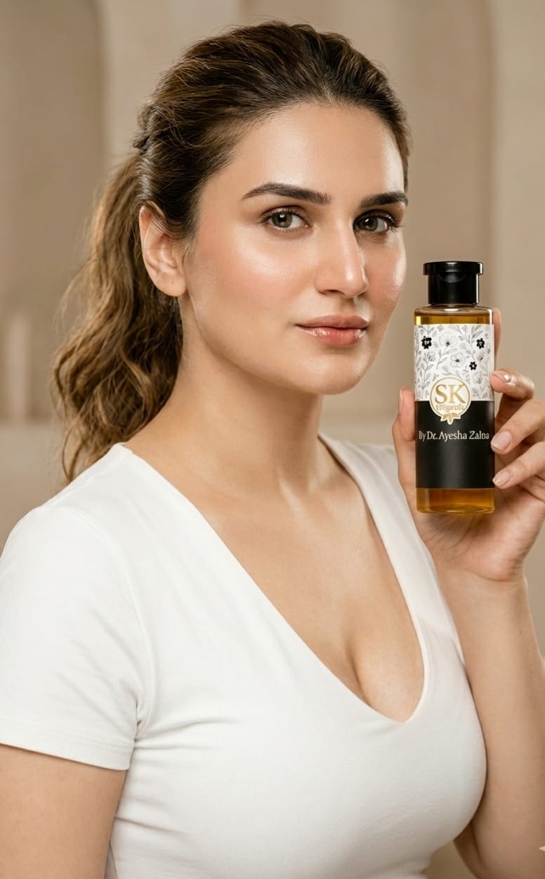 Sk SK Oil by Dr. Ayesha Zahra, a natural herbal oil in a clear glass bottle with a dropper for skincare application