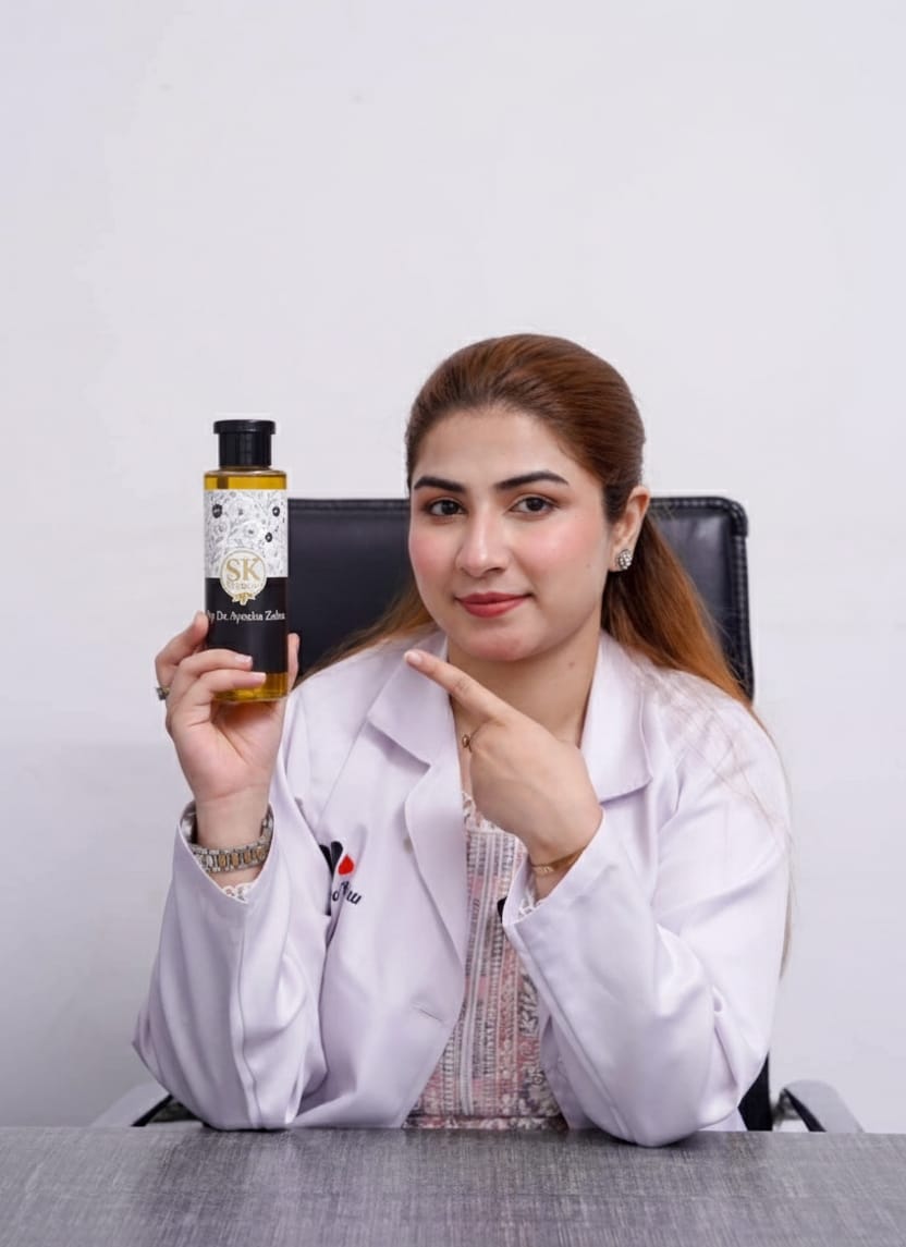 Sk SK Oil by Dr. Ayesha Zahra, a small dark glass bottle with a dropper cap on a white background.
