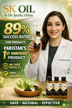 Sk Oil by Dr. Ayesha Zahra shown in a clear container with a golden color, used for skincare or haircare applications.
