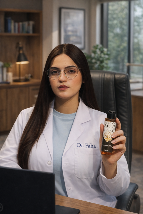 Sk Oil by Dr. Ayesha Zahra, a clear glass bottle with a black cap containing nourishing skincare oil.